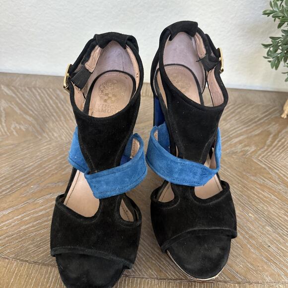 Vince Camuto Color Block Bue Black Suede Platform Sandals Heels Size 8.5 Shoes - Picture 2 of 11